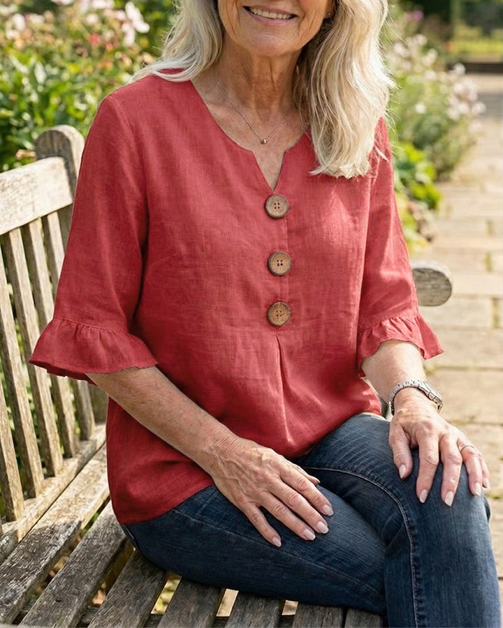 Lydia - V-Neck Blouse with Wooden Buttons and Ruffled Sleeves