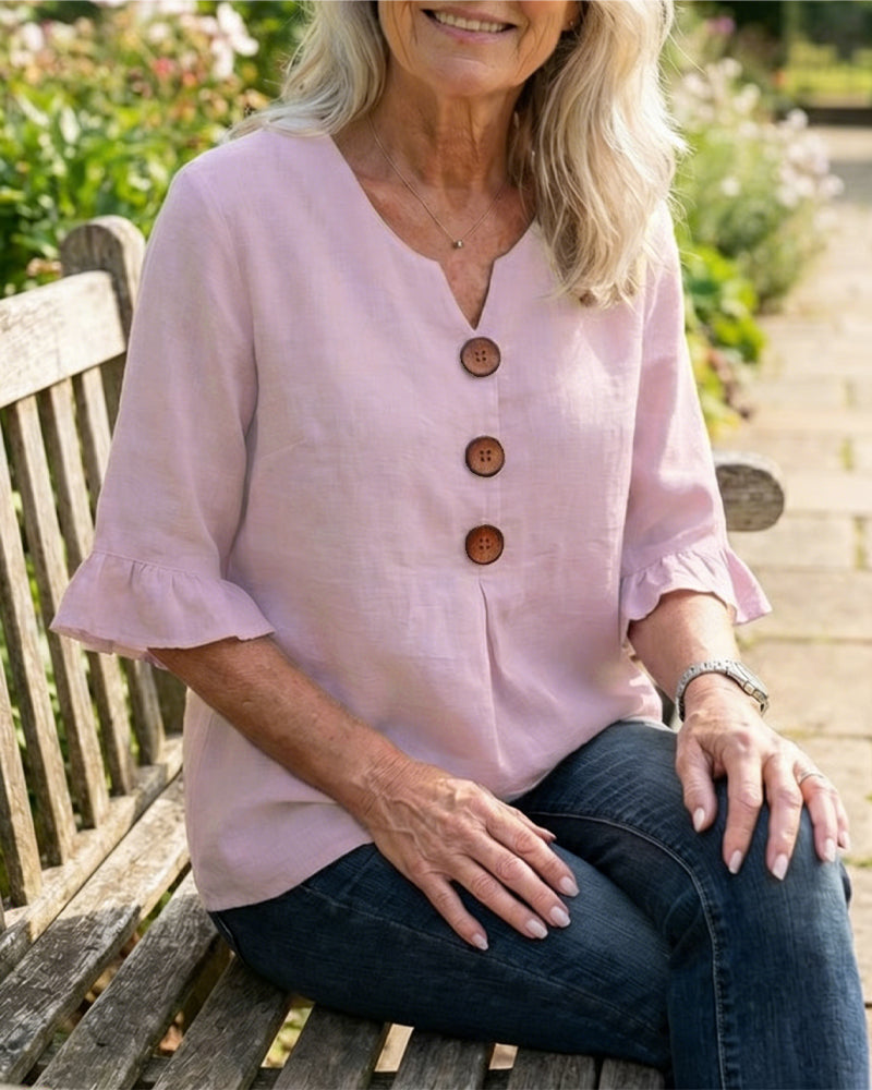 Lydia - V-Neck Blouse with Wooden Buttons and Ruffled Sleeves