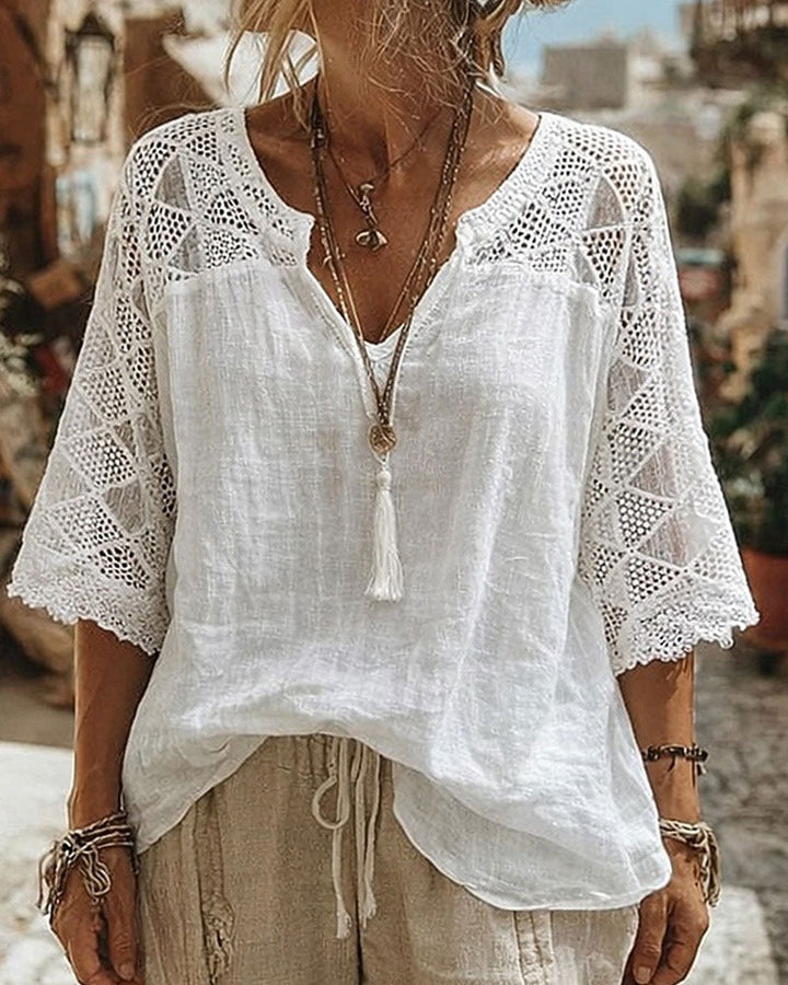 Luna - V-Neck Blouse with Lace Detail