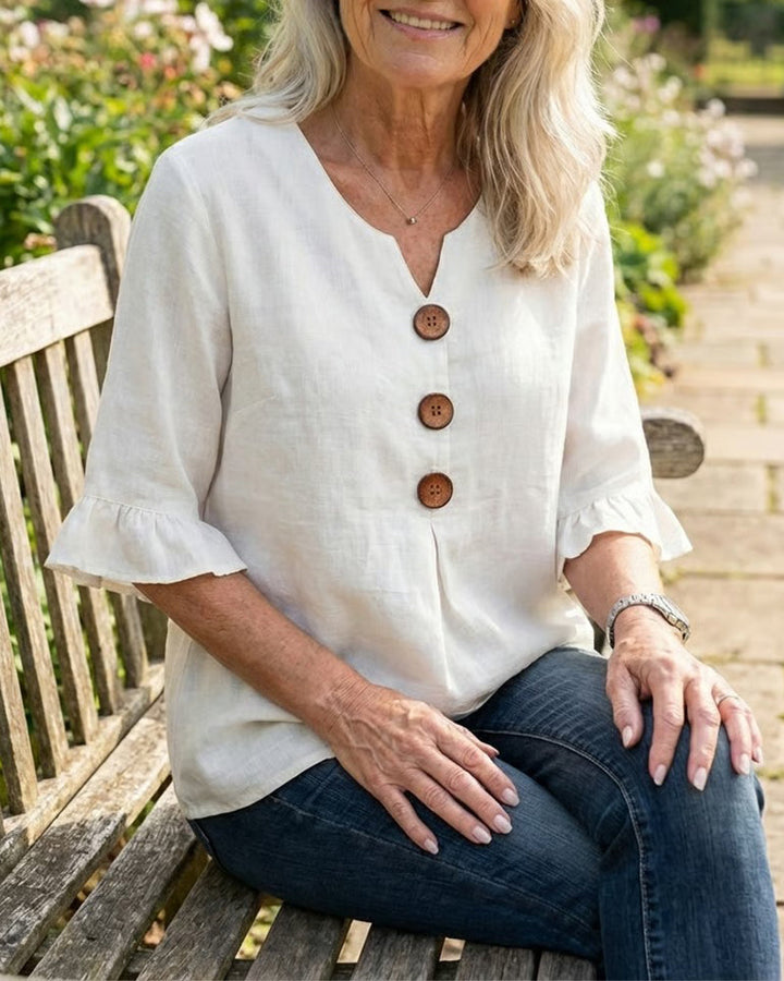 Lydia - V-Neck Blouse with Wooden Buttons and Ruffled Sleeves