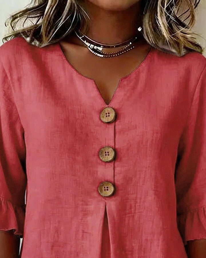 Lydia - V-Neck Blouse with Wooden Buttons and Ruffled Sleeves