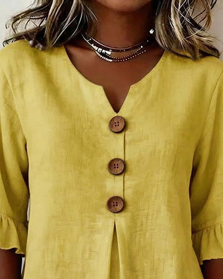 Lydia - V-Neck Blouse with Wooden Buttons and Ruffled Sleeves