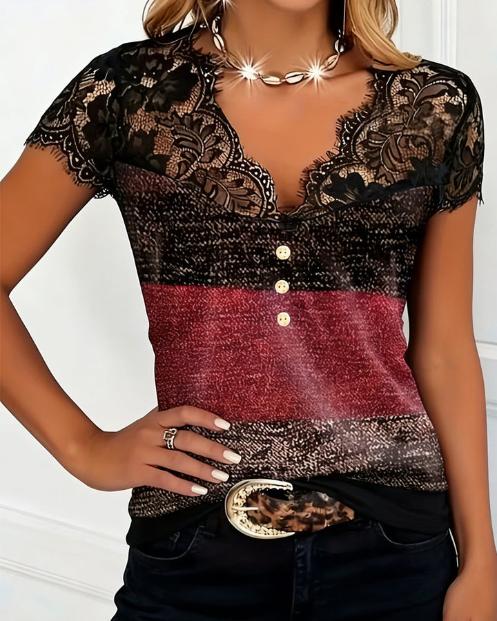 V-Neck T-Shirt with Lace and Color Patchwork