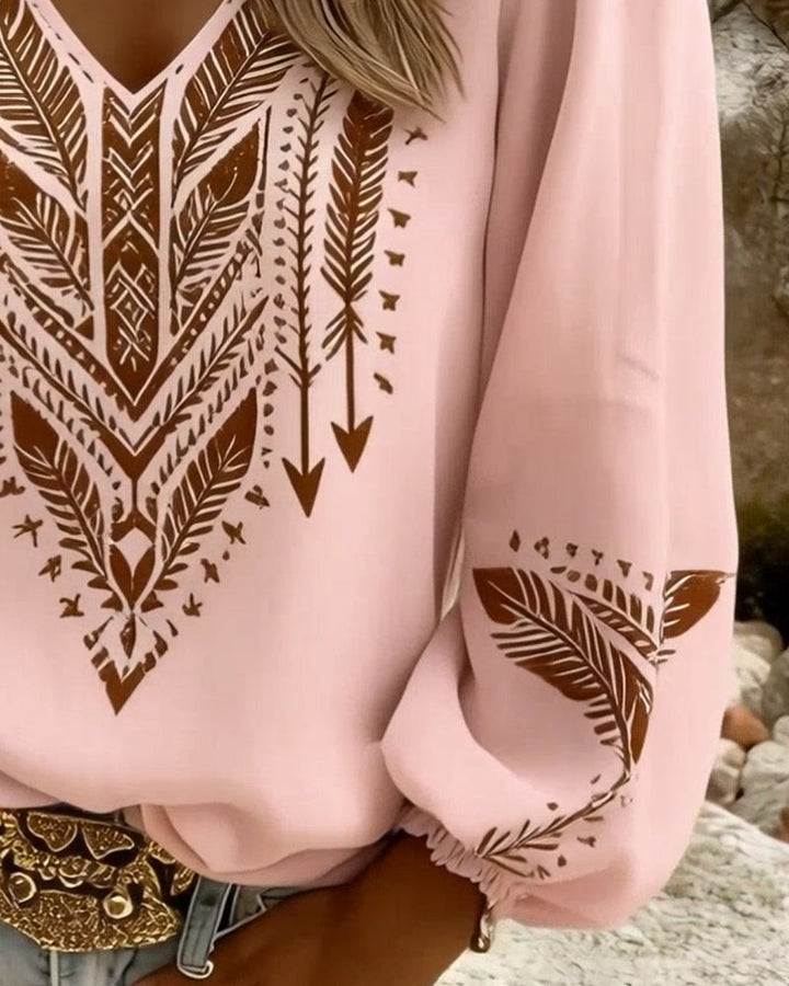 Puffed Sleeve Blouse with Wide V-Neck