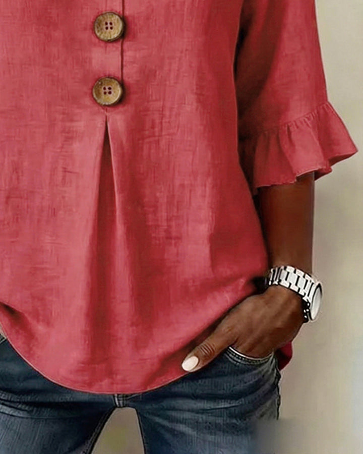 Lydia - V-Neck Blouse with Wooden Buttons and Ruffled Sleeves