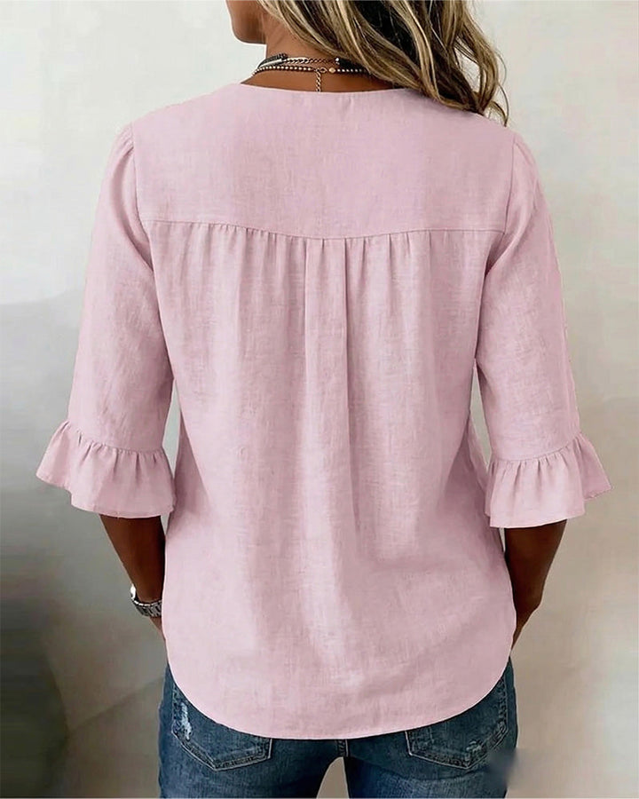 Lydia - V-Neck Blouse with Wooden Buttons and Ruffled Sleeves