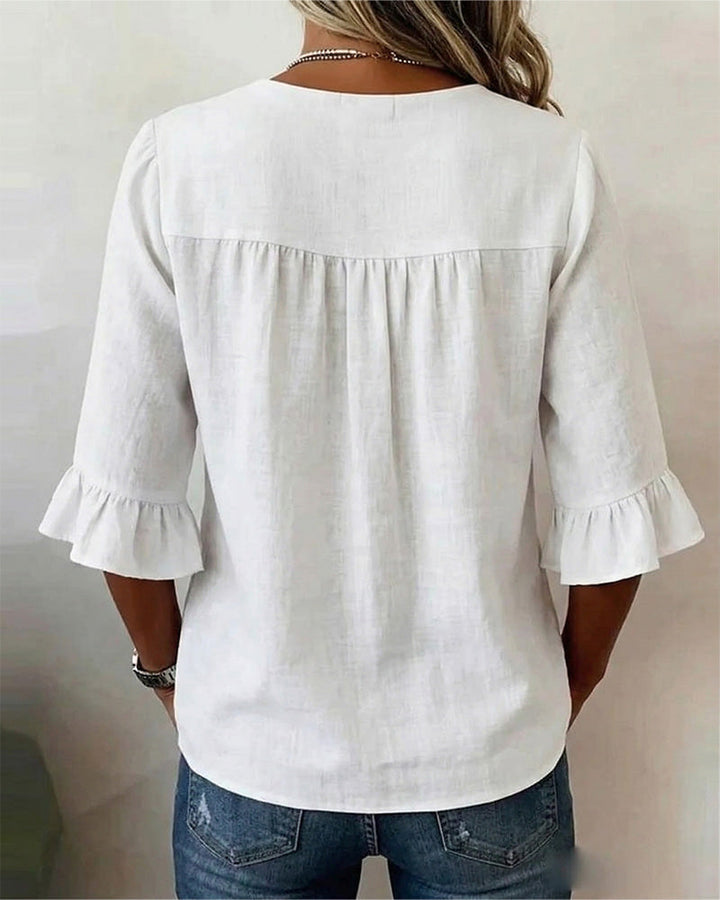 Lydia - V-Neck Blouse with Wooden Buttons and Ruffled Sleeves