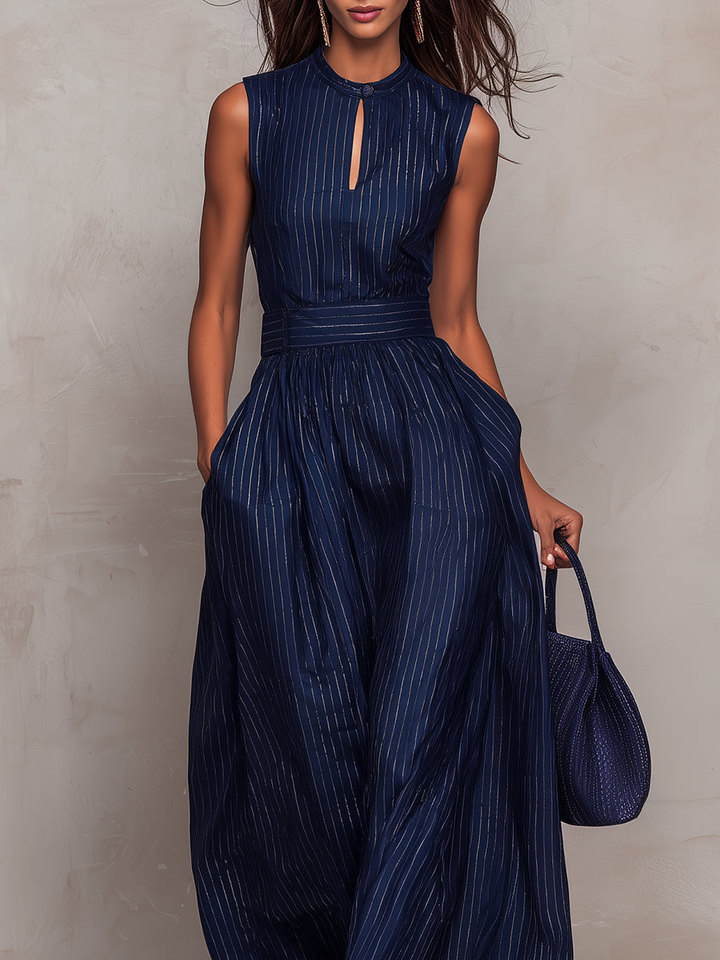 Mina | Dark blue striped mono with keyhole neckline and wide-leg pants