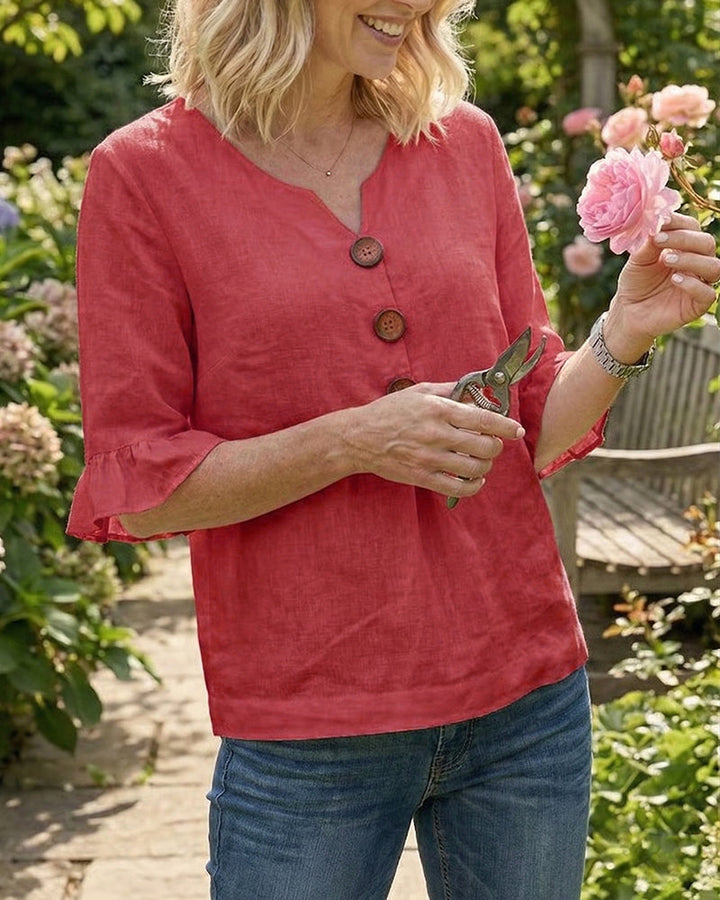 Lydia - V-Neck Blouse with Wooden Buttons and Ruffled Sleeves