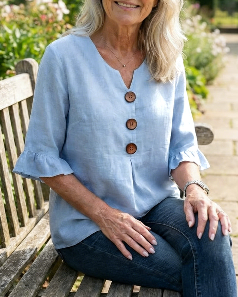 Lydia - V-Neck Blouse with Wooden Buttons and Ruffled Sleeves