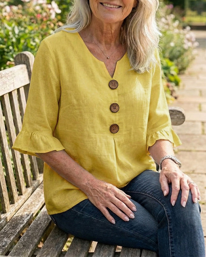Lydia - V-Neck Blouse with Wooden Buttons and Ruffled Sleeves