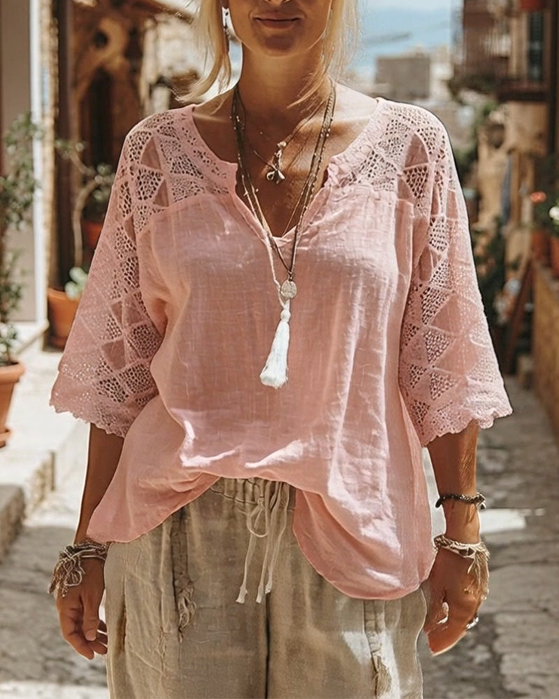 Luna - V-Neck Blouse with Lace Detail