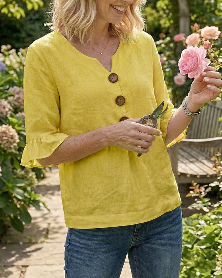Lydia - V-Neck Blouse with Wooden Buttons and Ruffled Sleeves