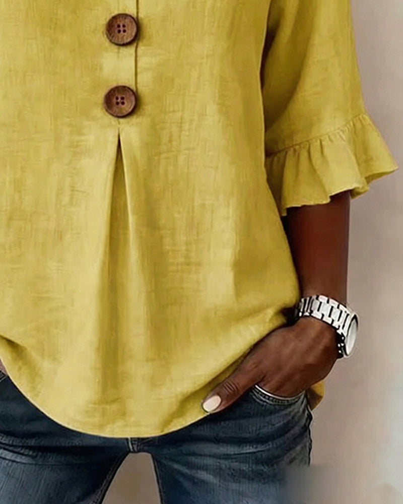 Lydia - V-Neck Blouse with Wooden Buttons and Ruffled Sleeves