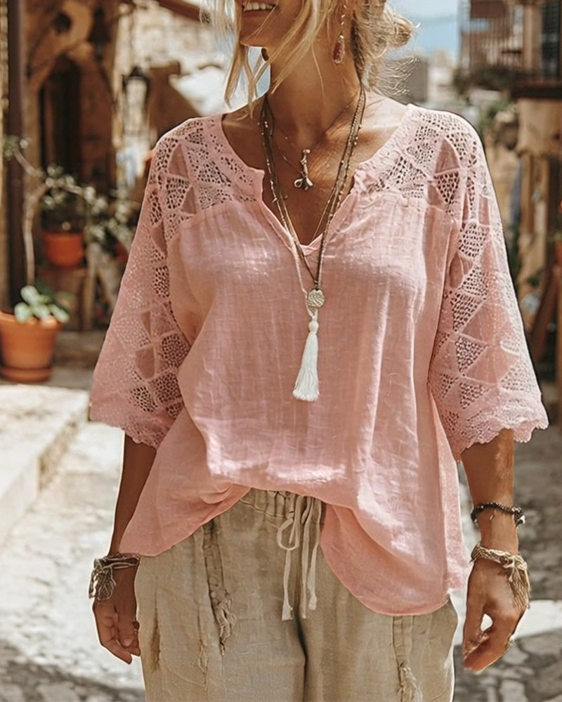 Luna - V-Neck Blouse with Lace Detail