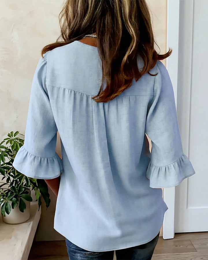 Lydia - V-Neck Blouse with Wooden Buttons and Ruffled Sleeves